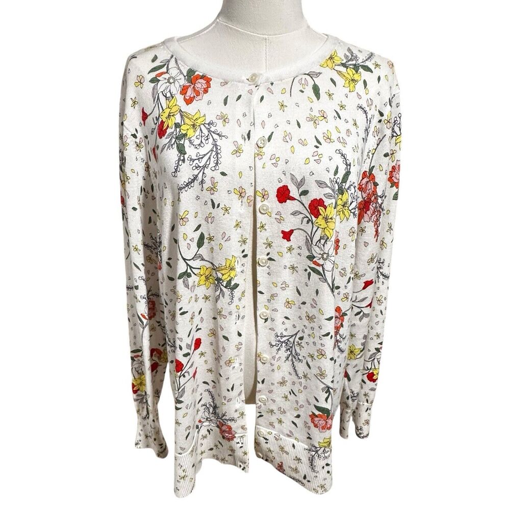 Lands' End Cream Cardigan 1X Floral Earthy Goblincore Nature Womens White